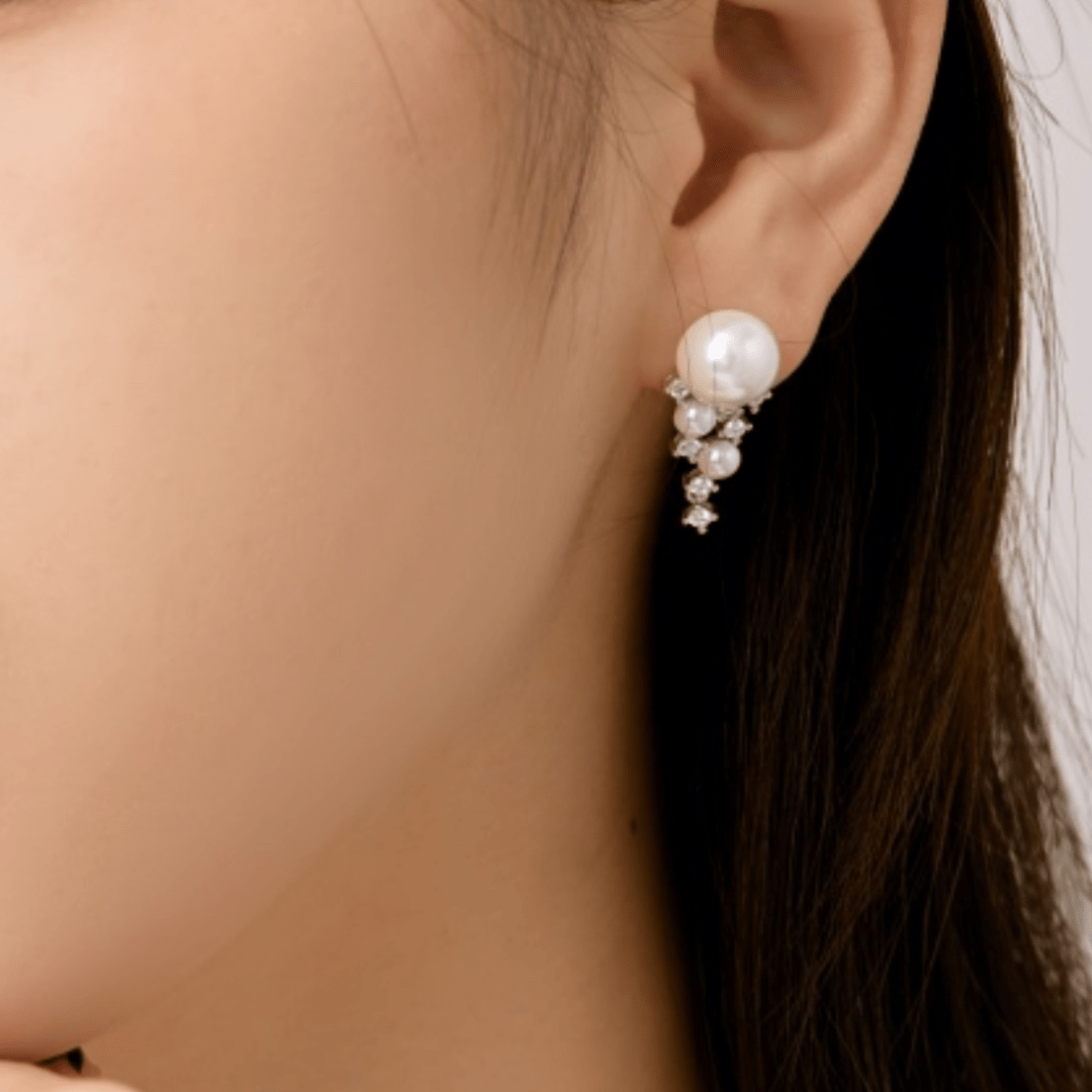 Perle de Lune - Boucles d'Oreilles en Argent Blanc avec Perle centrale